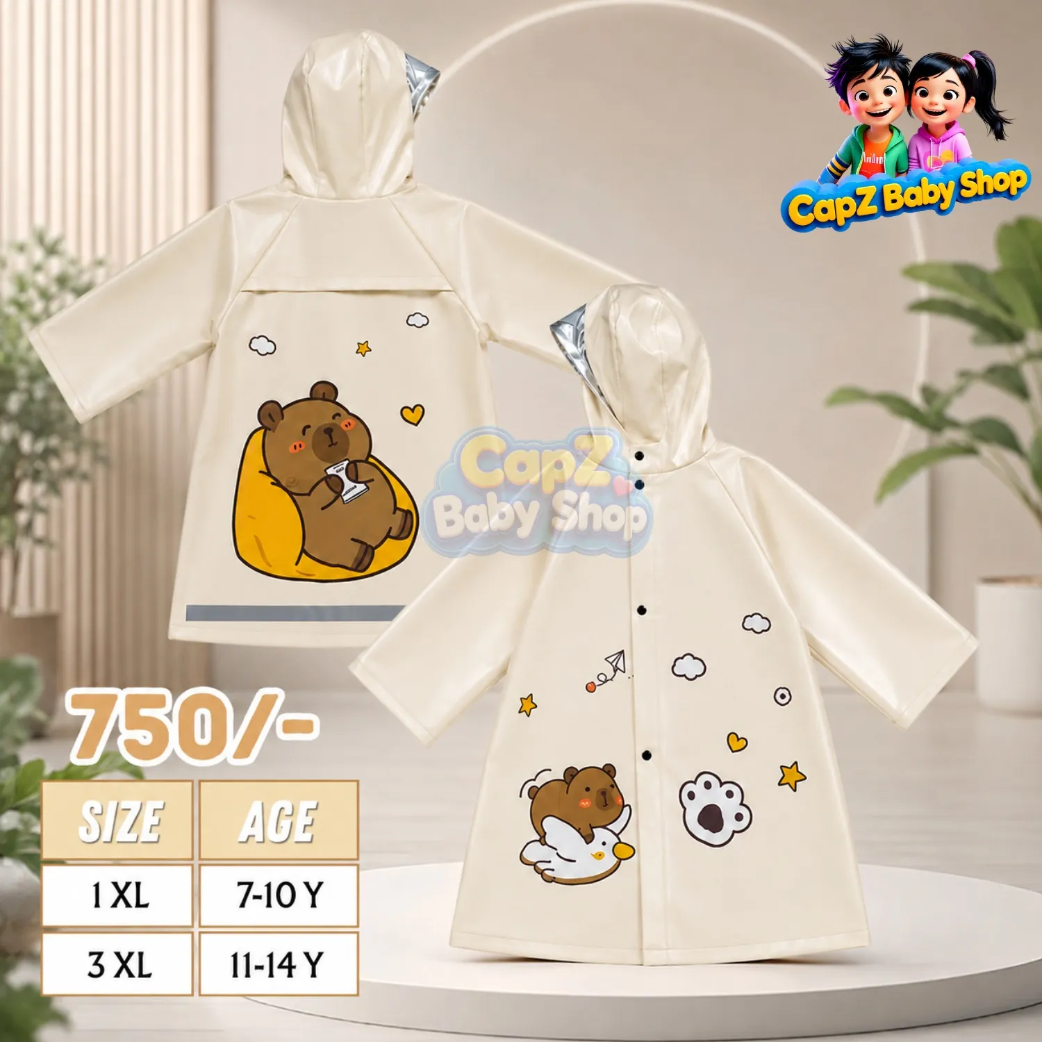 Kapibara Print Raincoat with Hood
