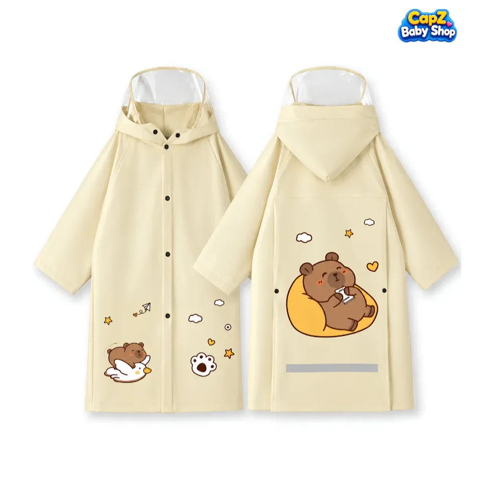 Cartoon Print Kids Raincoat with Bag Space & Cap | Cute Cream Unisex Design for Boys & Girls in BD